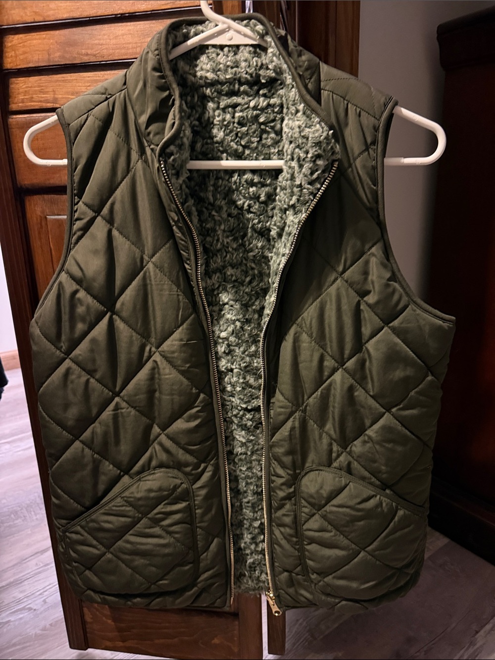 Quilted Olive Green Reversible Sherpa Vest